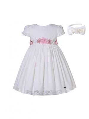 Girls White Lace Dress with Pink Flower Sash + Headband