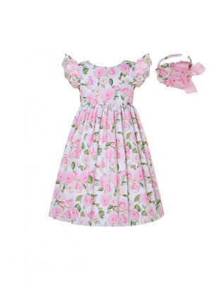 Sweet Pink Rose Patterns Girls Summer Dress + Handmade Headband