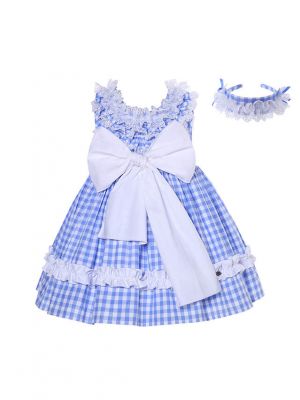 Girls Summer Blue Plaid Dress + Handmade Headband