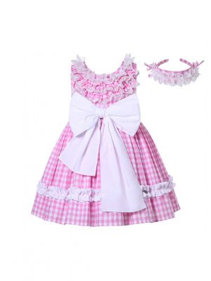 Girls Summer Pink Plaid Dress + Handmade Headband