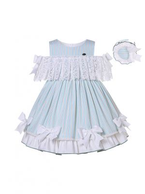 Summer Girls Striped Bow Lace Ruffle Dress + Handmade Headband
