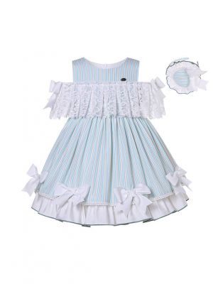 Summer Girls Striped Bow Lace Ruffle Dress + Handmade Headband