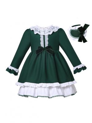 Girls Green Lace Ruffle Dress + Headband