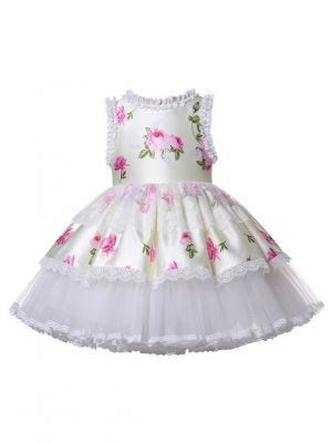 Girls Yellow Floral Sleeveless Lace Puffy Dress