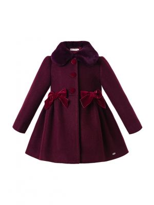 Fall Velvet Wine Red Winter Girls Coats With Bows Faux-Fur Collar Single Breasted