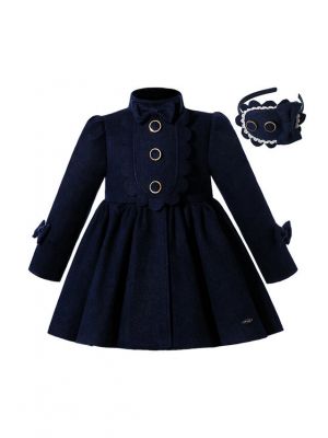 Autumn & Winter Girls Dark Blue Single Breasted Wool Coat + Hand Headband