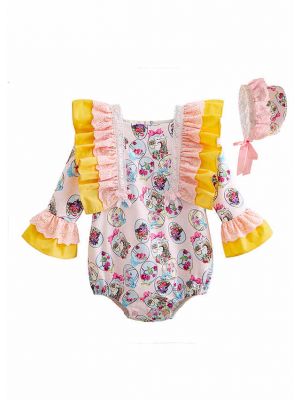 Easter Princess Yellow Floral Printed Babies Romper Costumes + Cute Bonnet                            