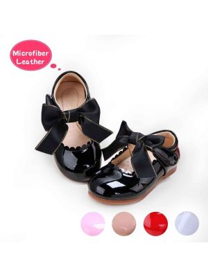 Black Microfiber Leather Girls Shoes With Handmade Bow-knot 
