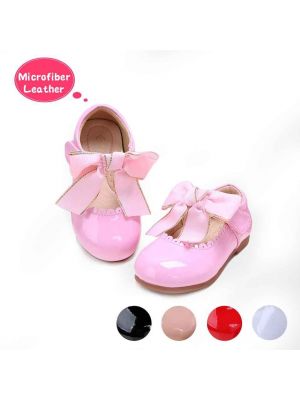 Pink Microfiber Leather Girls Shoes With Handmade Bow-knot 