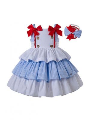 Summer Slubbed Cotton Princess Girls Dress with Double Bows + Handmade Headband