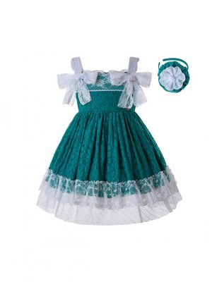 Girl Green Lace Sling Dress + Handmade Headband