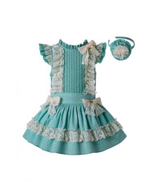 3 Pieces Summer Mint Green Girls Party Clothing Set Round Collar Flower Cotton Shirt + Lace Skirt + Handmade Headband  