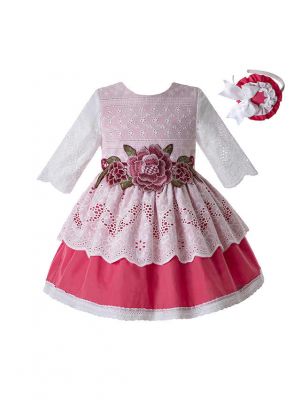 Girl Pink Flower Embroidered Lace Princess Dress + Handmade Headband