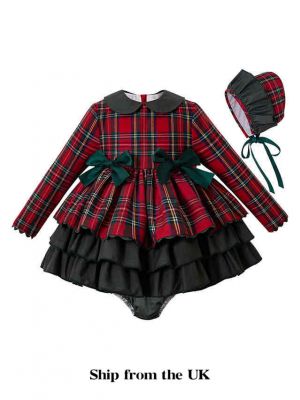 (UK Only) 3 Pieces  Party Babies Red Grid Layered Boutique Outfits + Blackish Green Bloomers + Hat