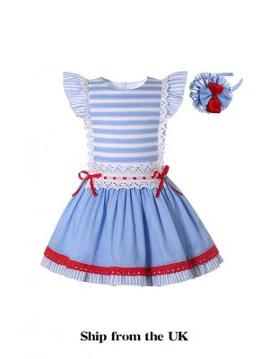 (UK ONLY)Classic Style Stripes Blue A-line Dress + Handmade Headband