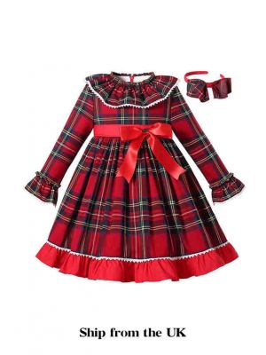 (UK Only) Girls Plaid Design Red Ruffle Dress + Handmade Headband