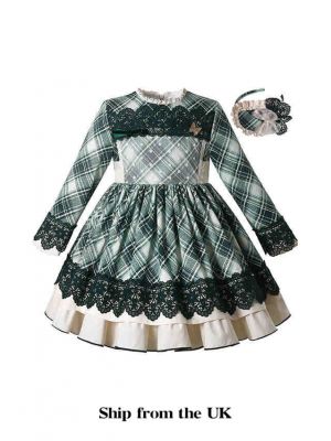 (UK Only) Green Plaid Christmas Ruffle Dress + Handmade Headband