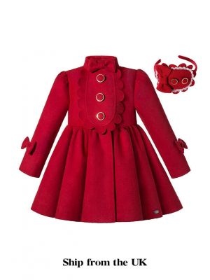 (UK Only) Autumn & Winter Girls Red Single Breasted Wool Coat + Handmade Headband