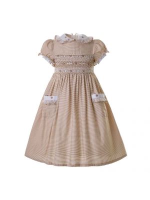 Doll Collar Short Sleeve Smocked Dresses With Pockets C97