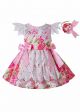 New Princess Flower With Pink Bows Summer Lace Girl Dress + Handmade Headband  