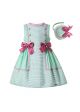 Girls Green Striped Plain Dyed Preppy Style Summer Boutique Dress With Bows + Hand Headband