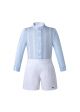 Light Blue Stripe Stand Collar Boy Clothing Set + White Shorts