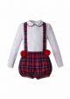 Boys Clothing Set Stand Collar White Polka Dot Shirt + Red Grid Strap Shorts