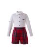 2019 Red Boys Button Clothing Sets Embroidery White Shirt +  Red Grid Shorts