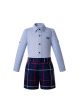 Blue Boys Button Kids Clothes Outfit Blue Shirt + Grid Shorts 