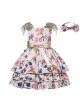 Champagne Bow Floral Ruffle Dress + Handmade Headband