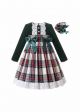 (USA ONLY)Christmas Deep Green Long Sleeve Plaid Dress + Handmade Headband