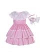 Double-layer ruffle embroidered collar Sweet Pink A-line Dress + Handmade Headband