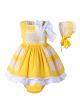 3 Pieces Babies Easter Yellow Cotton Dress +Bloomers + Cute Bonnet                                                                                                           