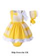(UK ONLY)3 Pieces Babies Easter Yellow Cotton Dress +Bloomers + Cute Bonnet