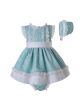 3 Pieces Mint Green Slubbed Cotton Jacquard Baby Dress  +  Bloomers  + Bonnet