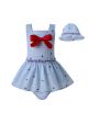 3 Pieces Babies Red Bow Ruffled Boutique Princess Outfits + Light Blue Bloomers + Hat