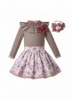 Autumn Girls Bow Children Brown Dot Blouse + Flower Print Skirt Girl Clothing Set + Hand Headband 