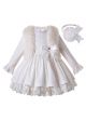 3 Pieces White Lace Corduroy Cotton Girls Autumn Dress + Faux Fur Vest + Handmade Headband