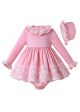 3 Pieces Babies Light Pink Autumn Lace Dress + Bloomers + Cute Bonnet