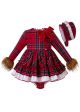3 Pieces Babies Faux Fur Sleeve Vintage Vestidos Plaid Elegant Princess Dress + Bloomers + Hat