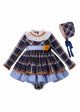 3 Pieces Babies Blue Grid Autumn Dress + Bloomers + Hat