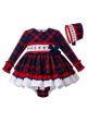 3 Pieces Babies Princess Party Kids Red Grid Dress + Bloomers + Bonnet