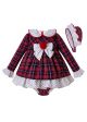 3 Pieces Babies Navy Blue & Red Grid Dress + Bloomers + Bonnet