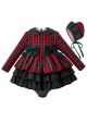 3 Pieces Party Babies Red Grid Layered Boutique Outfits + Blackish Green Bloomers + Hat