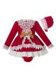 3 Pieces Babies Girls Red Lace Appliques Princess Dress With Brown Vintage Bow + Bloomers + Hat