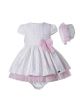 Spring & Summer Baby Girls Ruffles Pink Bows White Floral Print Dress + Bonnet + Bloomers