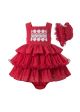 3 Pieces Babies Boutique Embroidery Red Ruffled Layers Dresss + Cute Bloomers + Hat