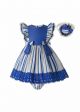 New Baby Girls Blue & Cream Striped Dress + Handmade Headband