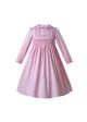 Pink Flower Embroidered Cotton Holiday Smocked Long Sleeve  Girls Dress 
