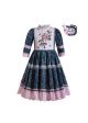 Wedding Communion Blue Small Floral Printed Dot Lace Lovely Long Dress With Headband